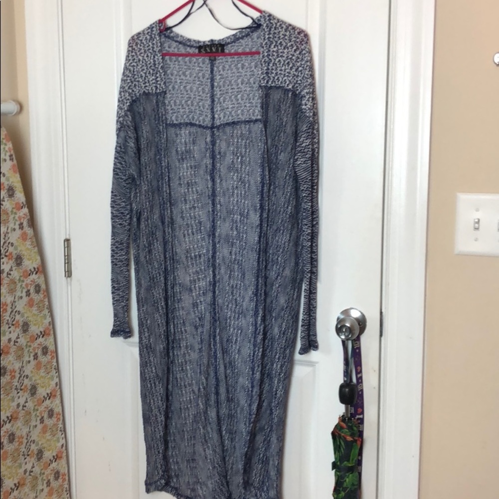 Long blue and white cardigan